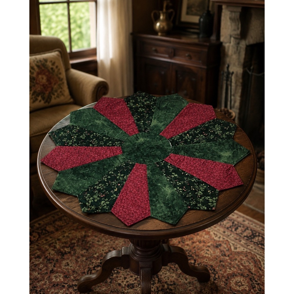 Handmade Dresden Plate Table Topper 32 Inch Green Burgundy Floral Quilt
